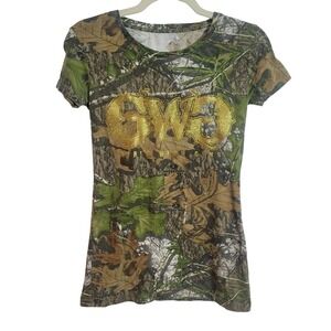 Girls With‎ Guns GWG Mossy Oak Camo Gold Glitter Graphic Tee Shirt Womens Small